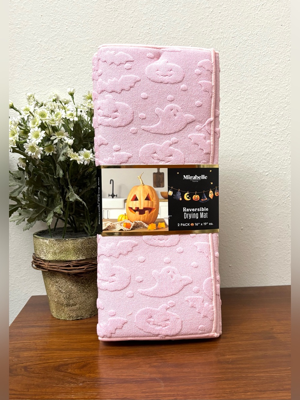 HALLOWEEN DISH DRYING MATS SET OF 2 REVERSIBLE PINK SCULPTED GHOST PUMPKIN BAT
